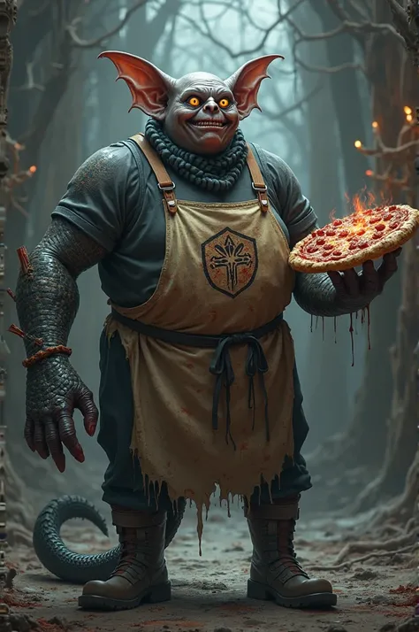 Style: dark rpg, with a dark and macabre atmosphere.

character: A monstrous-looking chef.

Physical Features:

• Slightly overweight body.

• Hairless and without nose, bat-like.

• Pointy ears, similar to those of an elf.

• Three eyes arranged in a spir...