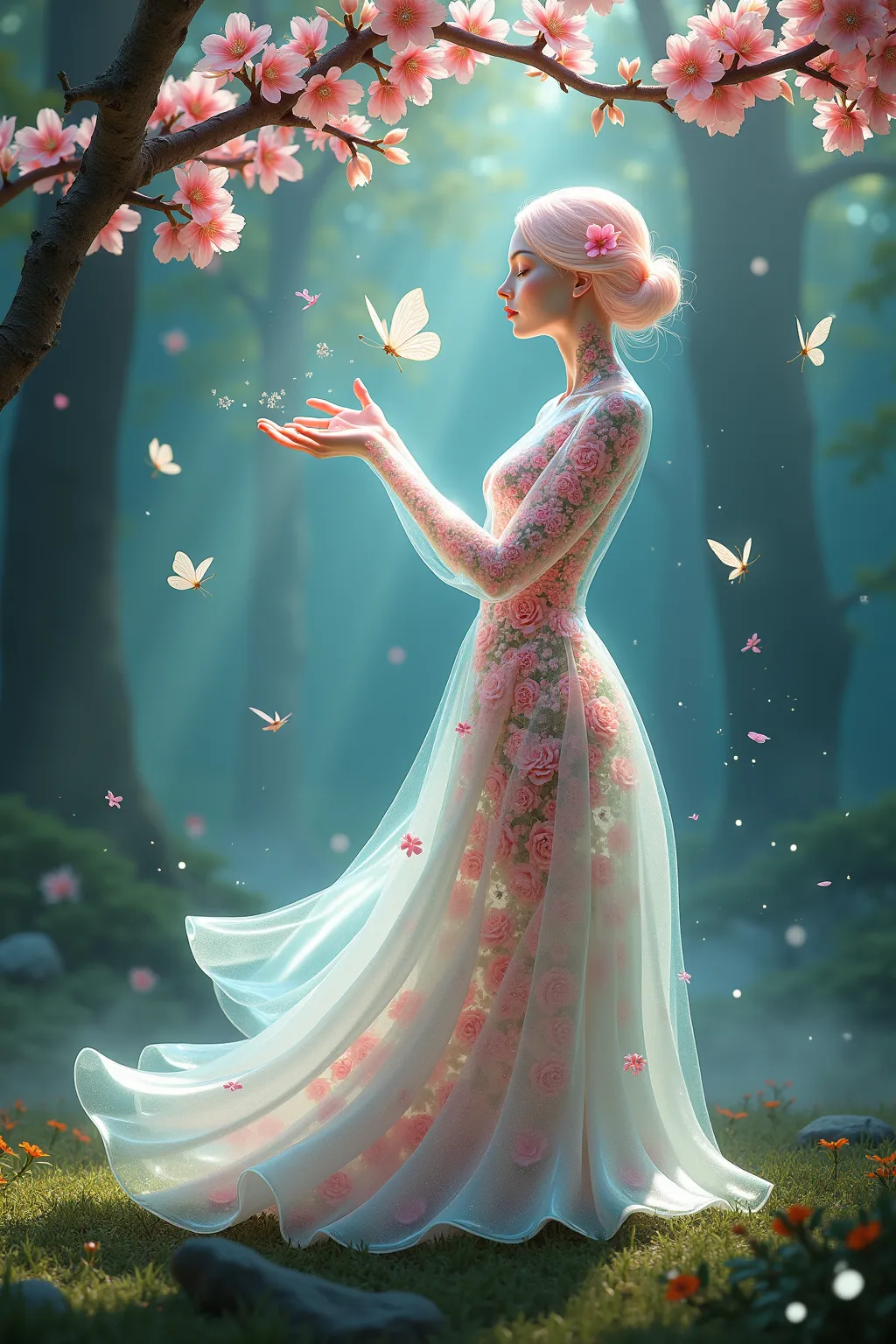 Create a surreal scene featuring a transparent female figure crafted from real glass, elegantly filled with vibrant, blooming flowers. This enchanting figure is gracefully intertwined with a cherry tree, which appears to bloom with ethereal light, casting ...