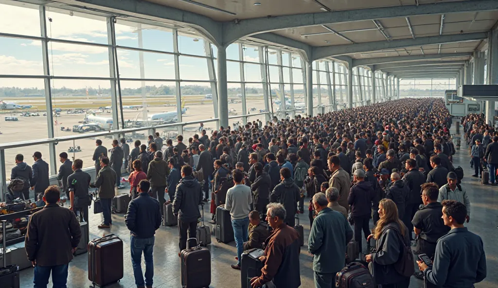 Prompt:
"A highly realistic and dynamic scene of a large crowd of people waiting in line at Jorge Chávez International Airport, Lima, Peru. The terminal is busy and bustling with activity as hundreds of passengers, of various ethnicities and ages, are queu...