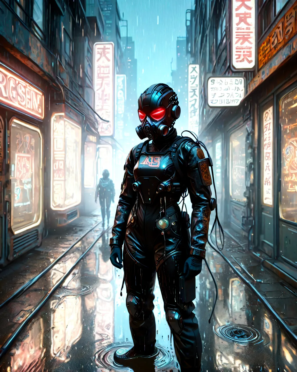 cyber punk，solo female,Cute Armed Girl，bob cut hair,，Blood on the face，neon sign，downtown at night，A lot of neon signiscellaneous，night rain，get wet in the rain，Reflected in a puddle，Mechanical Townscape，neon sign on a mixed-use building，Electric wires are...