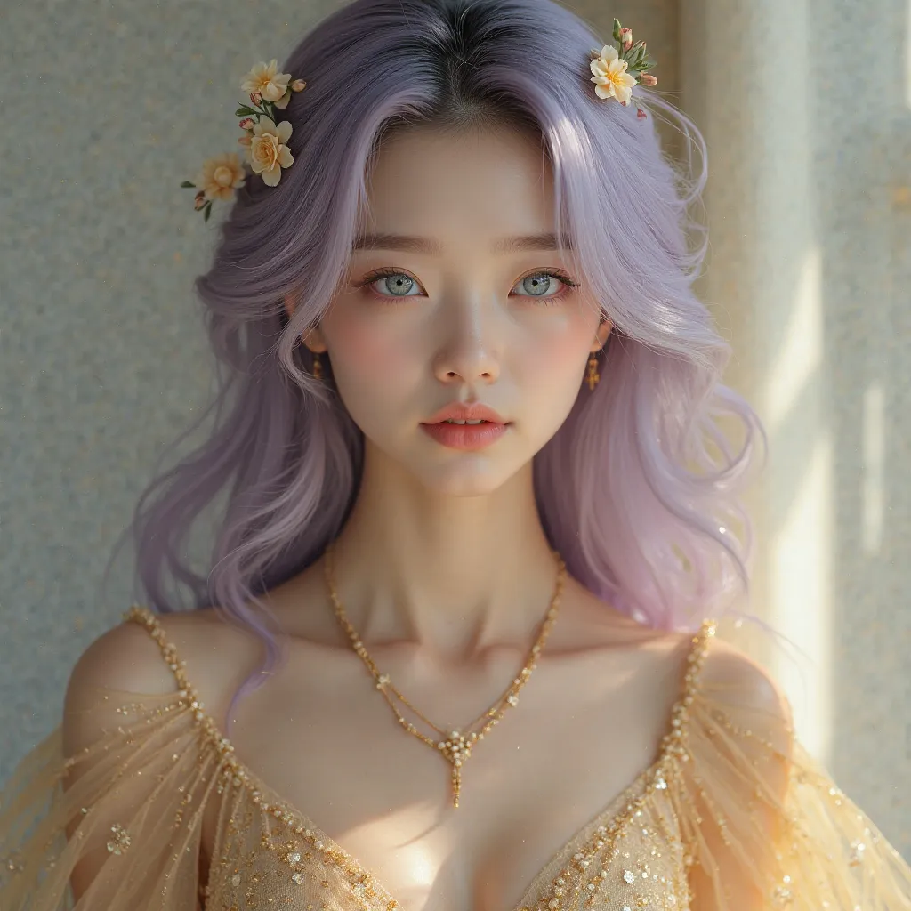 Create a realistic image of a 18 year old Korean girl with a gold dress , and a long lavender hair. She has a blue eyes and she has a gold necklace