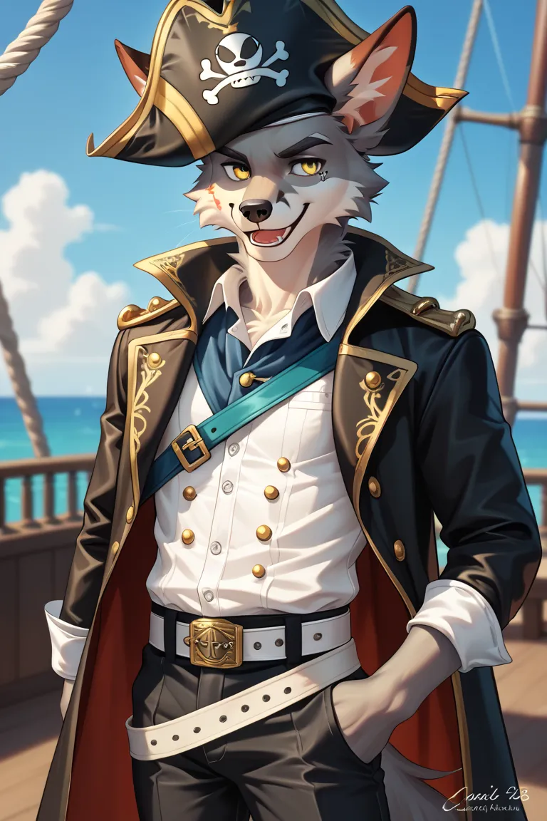 (solo), ((from front)), fox Anthro, Male, ((age 28, adult character)), (grey fur, young male), Smoke Grey Fur, (pirate clothes), white collard shirt, black pants, yellow eyes, black coat, slim, smiley expression, portrait, black trimming, white belt, looki...