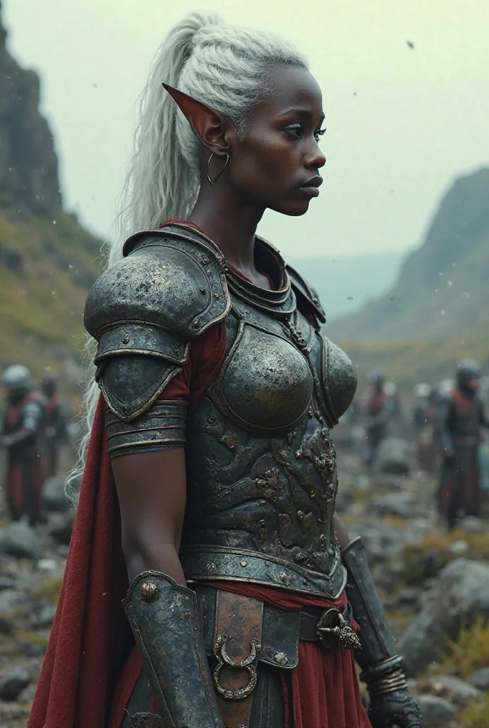 Upper body shot, African woman, pointed elf ears, dark skin, white hair, closed mouth, ancient elven metal armor, combat pose, dynamic pose, complex fantasy character, NSFW, cinematic lighting, fantasy, magic, detailed background, on a ravaged battlefield,...