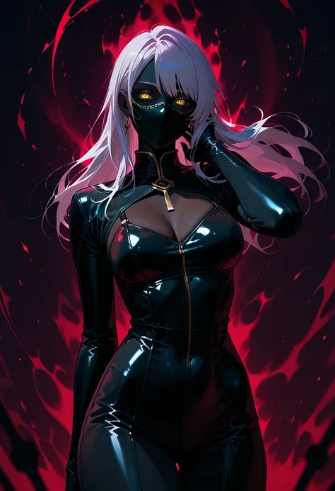 A woman with light purple hair, golden eyes, wearing a black face mask, dressed in black, with a dark red aura around her body.