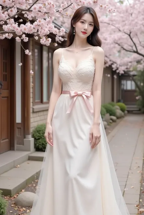 a woman standing elegantly in an outdoor setting adorned with cherry blossoms. She is wearing a fitted, ivory-colored gown featuring delicate floral lace details on the bodice and a soft pink bow around her waist. The dress has thin straps and flows gracef...