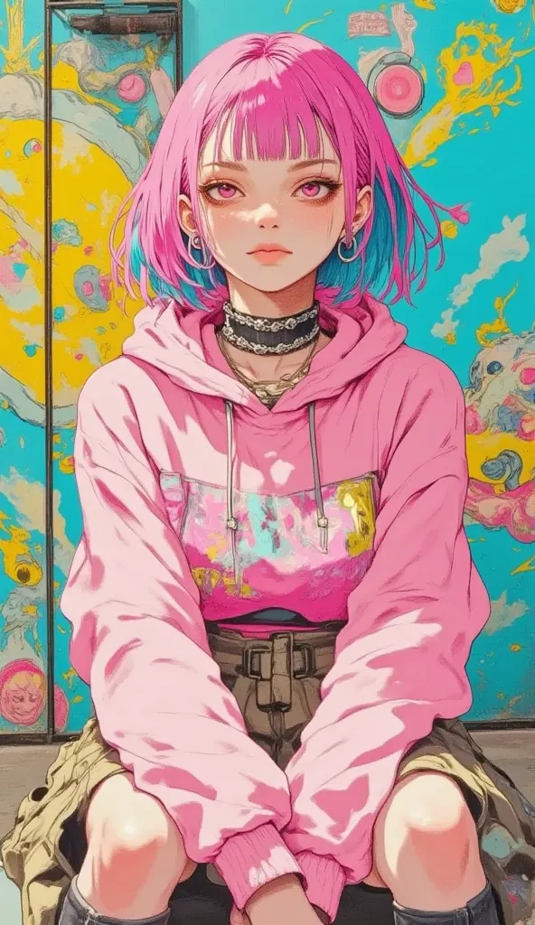 8k,  masterpiece,  Top Quality,  beautiful Korean woman without pants ,   vibrant, colorful hair dye ,   pink and blue hair with a beige edge mule  , bright pink hoodie  , Graffiti Background,   urban street art  ,   yellow abstract design  ,   turquoise w...