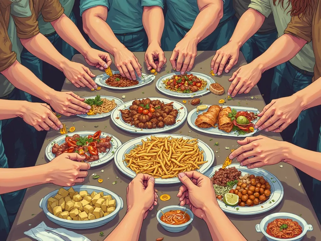 An illustration of multiple fat hands of sitting eaters picking up food off the table in absolute gluttony. The table is full of a variety of different dishes and food options. The hands are thick and of fat people. The hands are overlapping each other in ...