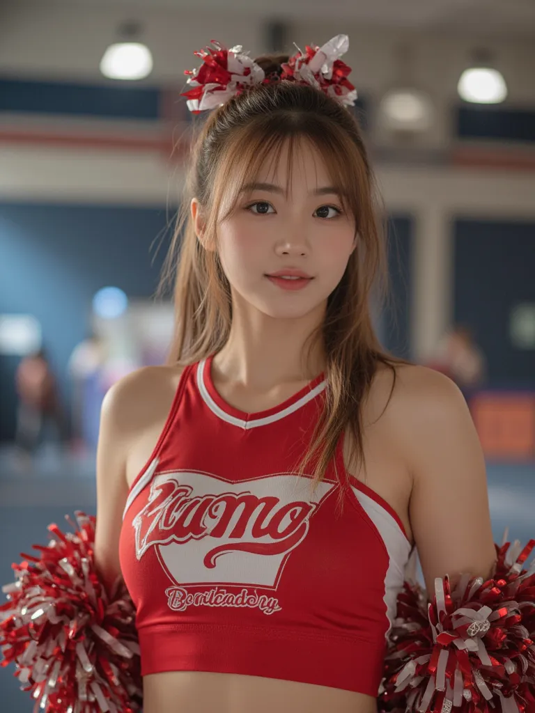 ((cheerleader))、Cheer Dance、cheerleader衣装、Flower Ball、Pom-pom、 background gymnasium 、20 years old、woman, cute、super detailed,(((realistic, photo realistic, photo-realistic:1.37))), high definition ,超 high definition , Studio Lighting , Ultra Fine Painting,...