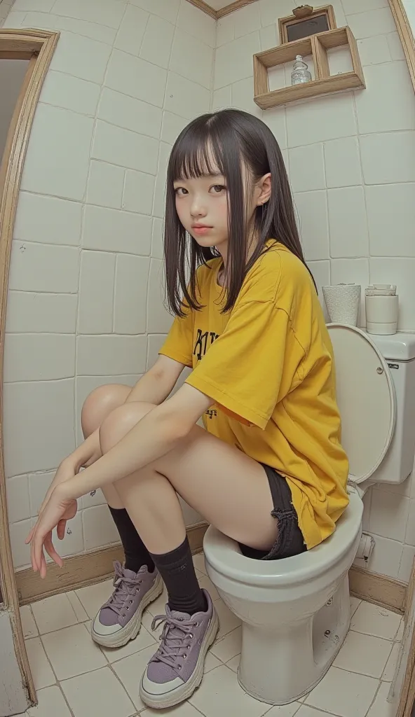  fisheye、Picture of a woman running a marathon,  yellow shirt、inspired  by Thomas Hanukkah 、  by Thomas Hanukkah , by Kamisaka Sekka, inspired by Jamie Hewlett, Singay, by Jamie Hewlett, Kang Hae-eun , anime girl sitting on the toilet, 