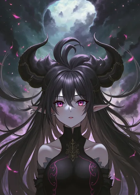 Design an anime female character with two pairs of large horns on her head