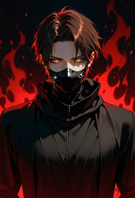 1 man with dark brown hair, golden eyes, wearing a black mask over his mouth, dressed in black, with a dark red aura around him.