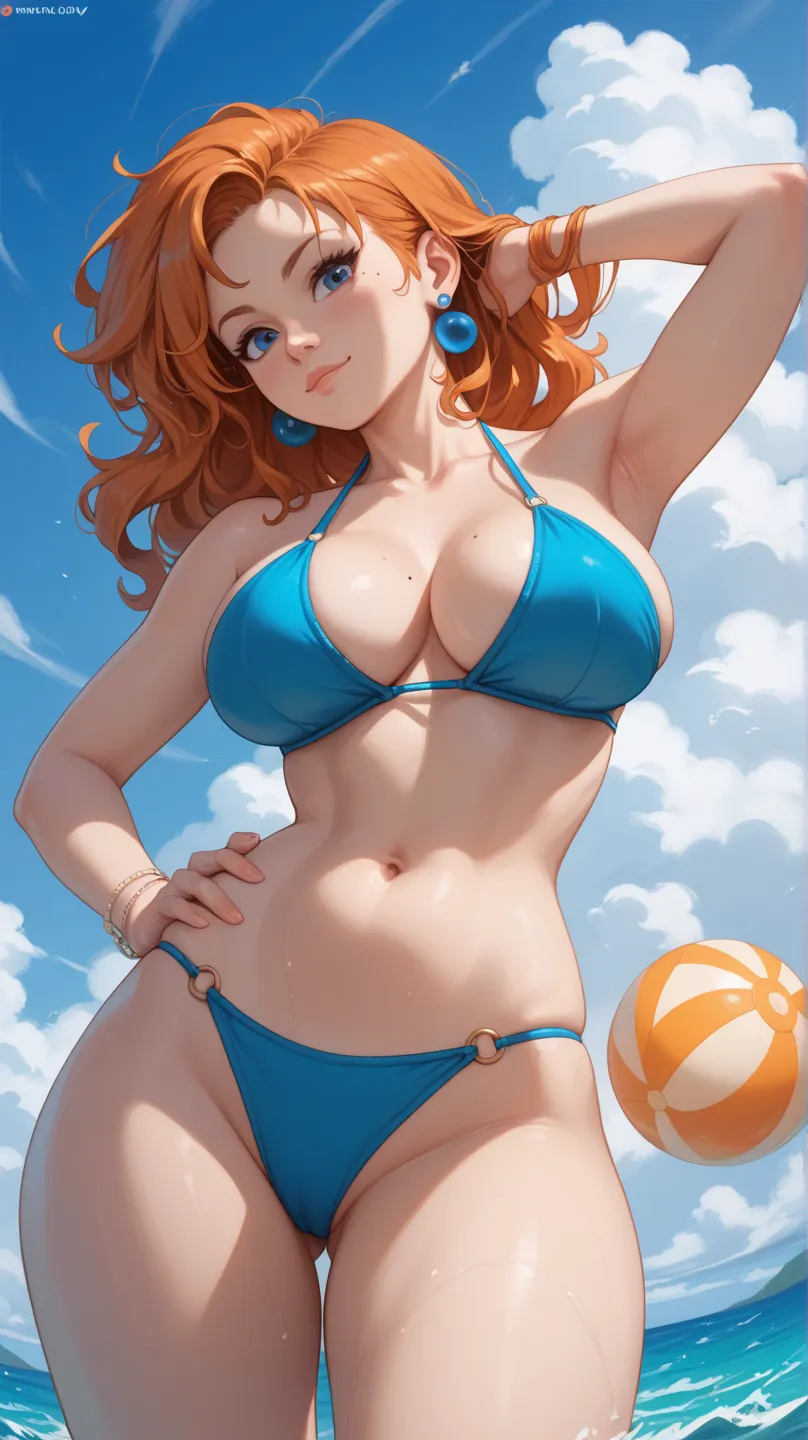 A digital illustration shoot from a slightly below camera angle about a voluptuous Nami in a blue bikini standing confidently against a bright blue sky with fluffy white clouds. the image also shows a woman with long, wavy Orange hair, blue eyes, and a con...