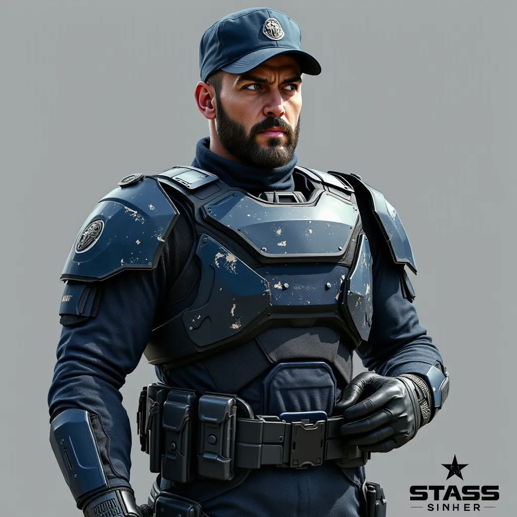 Futuristic senior officer in dark blue ballistic armor (with light scuffs and scratches), cap with an unobtrusive military logo,  short beard and mustache ,  determined look , Conceptual Style (concept art), semi-profile, cinematic lighting, 8k, hyper-real...