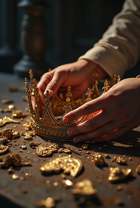 The camera zooms in on the shattered crown again, its pieces being carefully restored.]