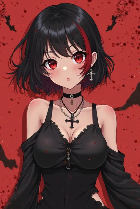 Make a girl with short black hair with red highlights, red eyes, sexy and she is the mother of 9 ren, with a black dress open on the sides, a cross necklace and a star earring, full-body anime manga type 