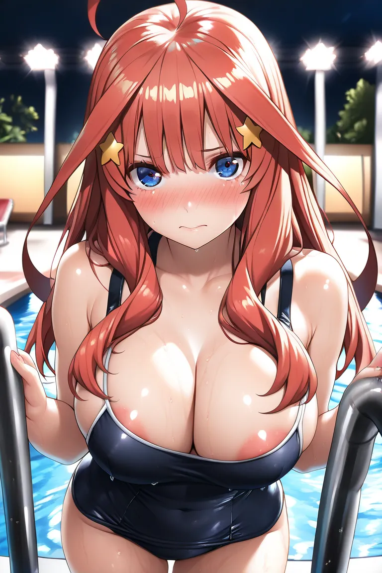 1girl,nakano_itsuki, blue eyes, red hair, long hair, ahoge, star hair ornament, school swimsuit, half off, JK, (masterpiece:1.3),(ultra detailed:1.3),(best quality:1.3),(extremely detailed CG :1.2), (detailed beautiful eyes:1.1),(super detailed skin:1.2), ...