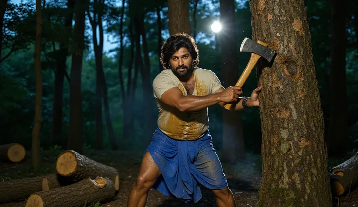 "A rugged man with thick, wavy hair and a beard, resembling Allu Arjun as Pushpa Raj, chopping red sandalwood in a dense jungle at night. He is wearing a blue lungi and a dirty t-shirt, his muscular arms showing signs of hard labor as he swings an axe agai...