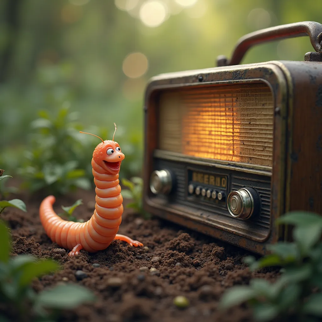 A worm enjoying music comming from a vintage radio set