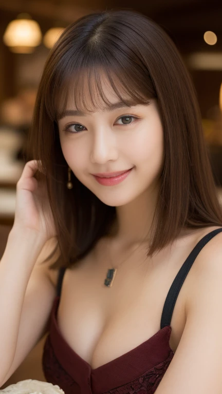 (Highest quality, 8k, masterpiece: 1.3), beautiful women with perfect figure: 1.4, dark brown hair, Wearing a pendant,ANTIQUE TABLE WEARING A, In the city,  high definition face and skin,  detail eyes, double eyelid, (Big Breasts), (smile),(is facing the f...