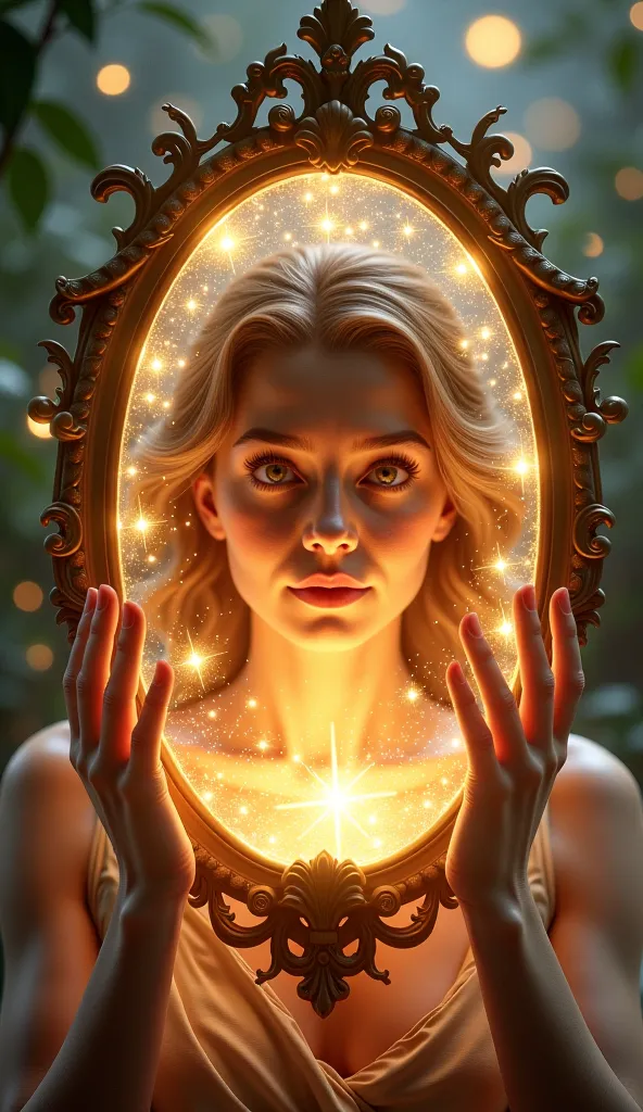 Magical mirror, into which a person looks, 
surrounded by radiance
