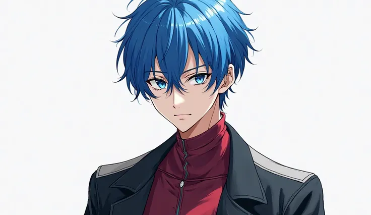  Make a anime style male characters with blue hair , wearing black jacket and red Pant with transparent background and character showing calm expression 