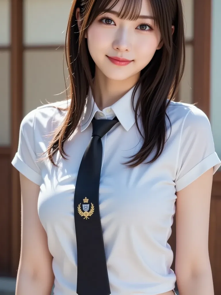    police uniform , tie, police hat,  color shirt, beautiful目, idol, Feminine dark hair     , (   Delicate real hair   , 1 1 Realistic Hair), bangs,   natural colored lips, smile, (   18 year old woman : 1. 2),   young and adorable Japanese face  , officia...