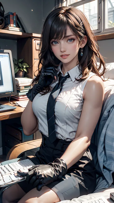 masterpiece, best quality, Twitch-chan, hair clip, hair ornaments close to the garden, color shirt, sleeveless, tie, gloves, sitting behind a desk, watching viewers, smile,  waving,  bedroom,  bed,  computer mouse, keyboard with an organization of 