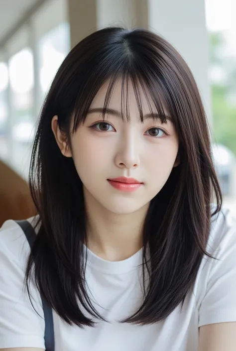 Close-up selfie of a young Japanese woman with long black hair and bangs, wearing a white t-shirt , smiling brightly at the camera. The background suggests an indoor setting like a cafe , with soft lighting and windows visible
