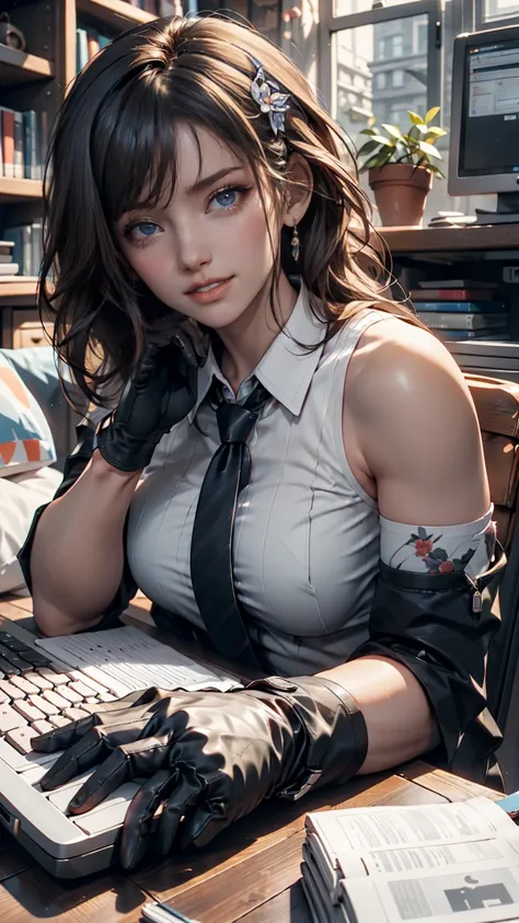 masterpiece, best quality, Twitch-chan, hair clip, hair ornaments close to the garden, color shirt, sleeveless, tie, gloves, sitting behind a desk, watching viewers, smile,  waving,  bedroom,  bed,  computer mouse, keyboard with an organization of 