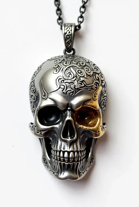 Create a silver pendant named 'Skull' featuring a pirate skull with detailed engravings and a golden accent at the eyes or crown. The design should be fierce and striking, with a blend of silver and gold. Display it on a white background.