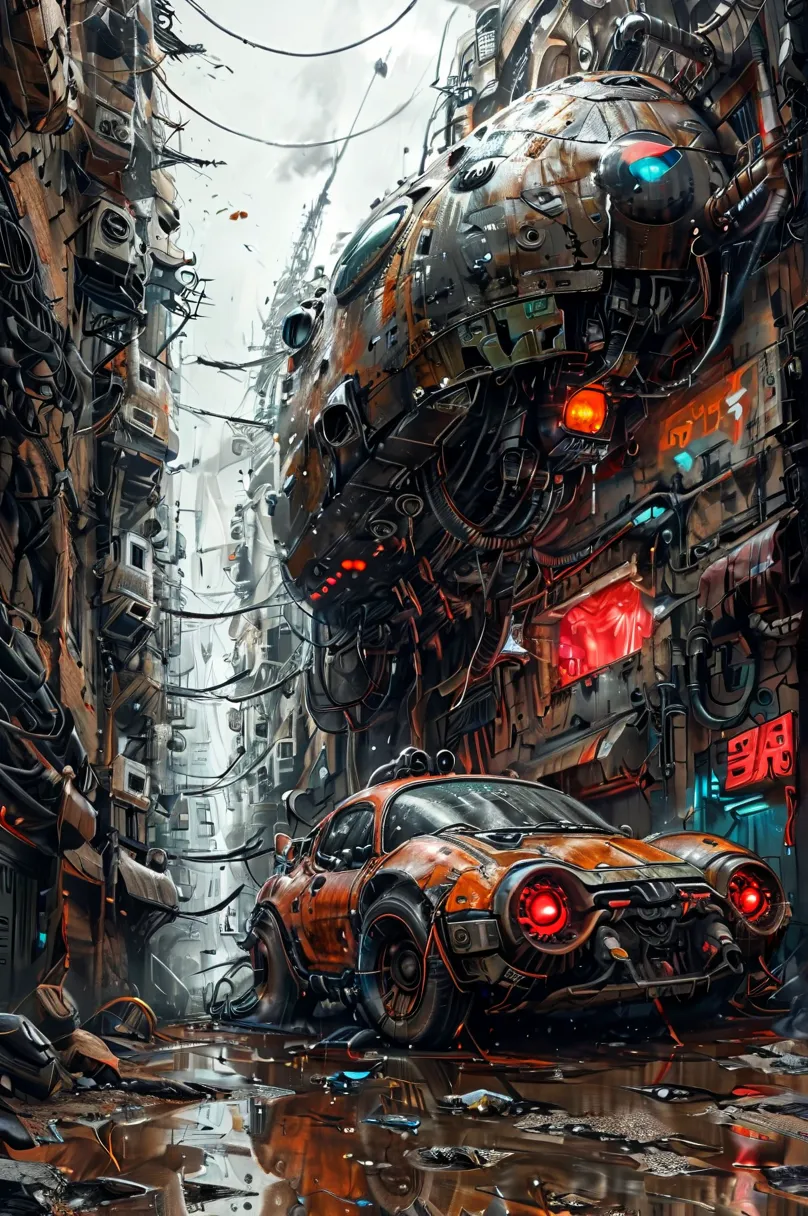 a drawing of street with flying scifi cars flying in front, remnants of old spaceship, broken pipes, tiny spaceship, 2020 video game screenshot, cyberpunk art,a detailed drawing, underground comix, hyper detailed background, detailed cyberpunk illustration...