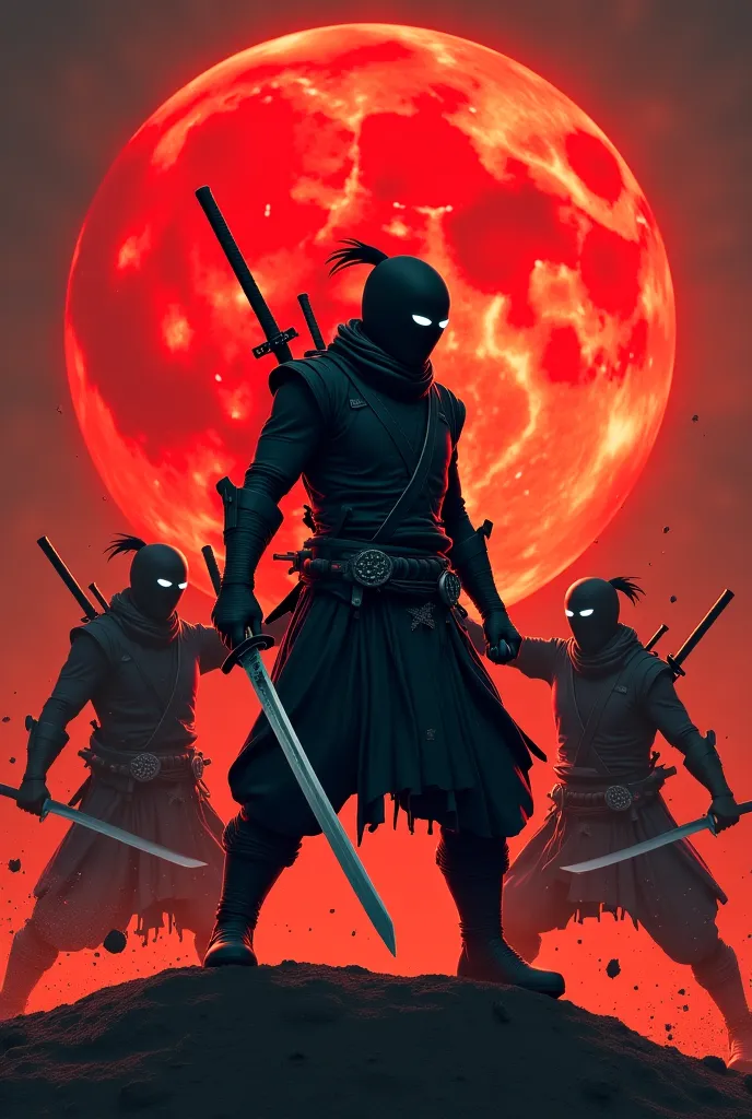 a person dressed as a ninja, wearing a vest, holding a very long katana weapon. in his vest there are other ninja equipment such as kunai, kusarigama, suriken. he is in a fighting pose. behind it is a large, bright red moon. and around him he was surrounde...