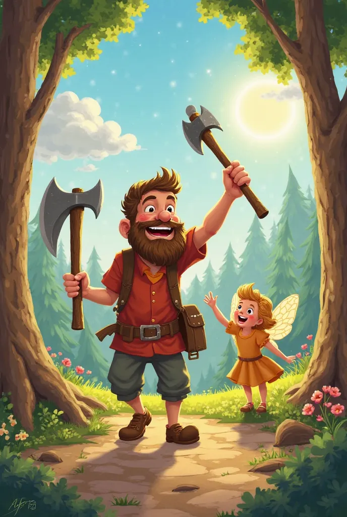 The woodcutter walks away joyfully with all three axes. The fairy waves goodbye with a happy expression. The sun shines brightly, and the scene looks cheerful and colorful, like the ending of a happy fairy tale.
