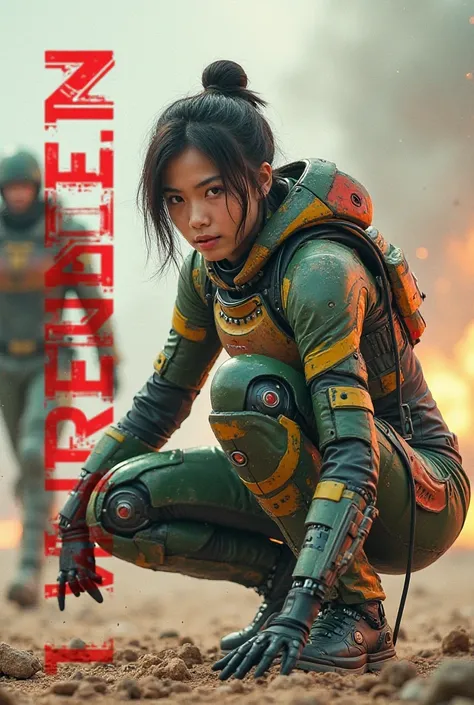 Young adult woman, Asian, depicted in dynamic fighting pose and crouching. He wears a futuristic armored suit in shades of green, red, and yellow, with mechanical details. His expression was firm and focused. He is positioned slightly to the left of center...