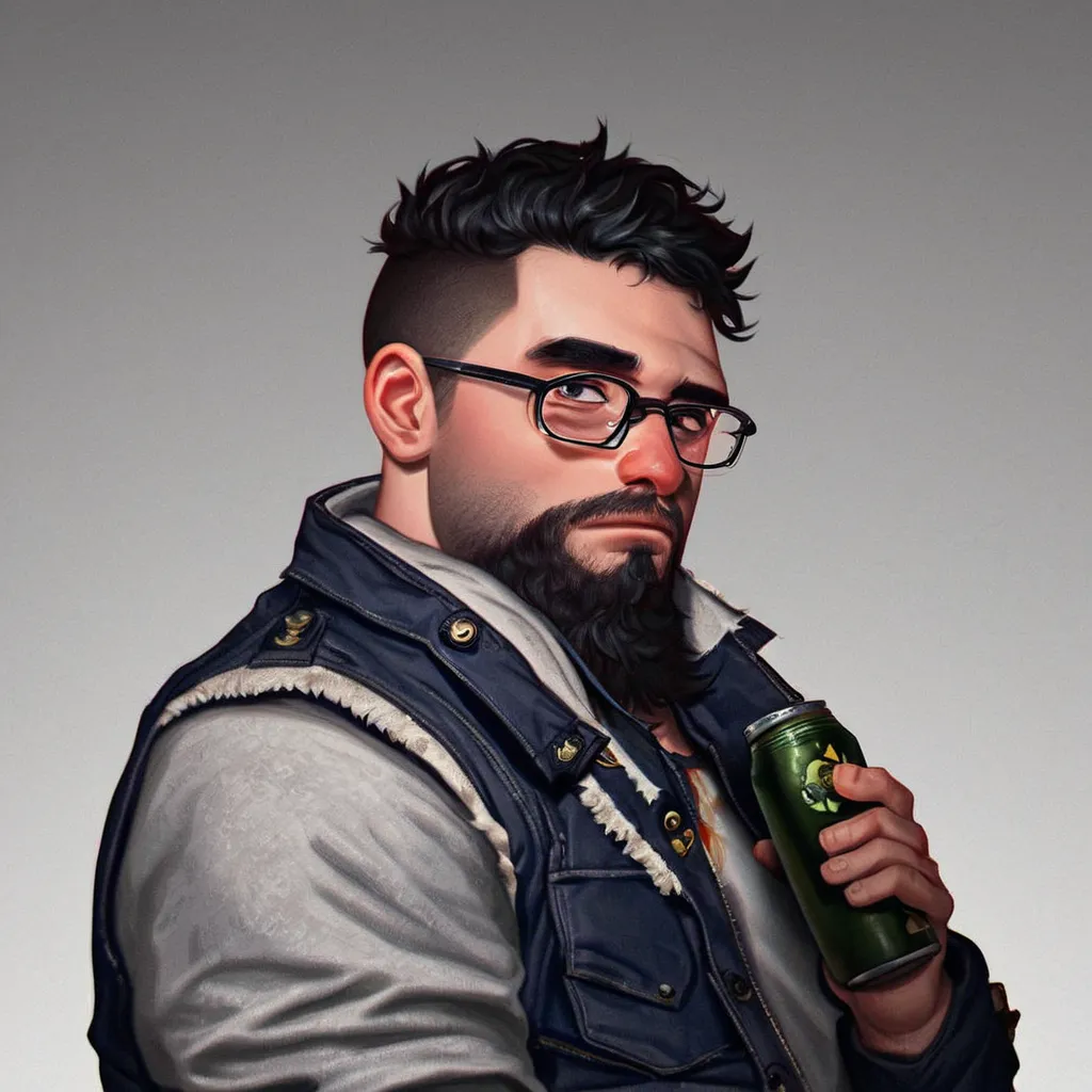 young dwarven college student, Dwarf, short stature, big nose, hipster beard, man-bun, black hair, thick winter jacket, score_9up, (1boy, solo), score_8up, male, dwarven face, dwarf proportions, dark circles under eyes, eyebags, tired, pissed-off, looking ...