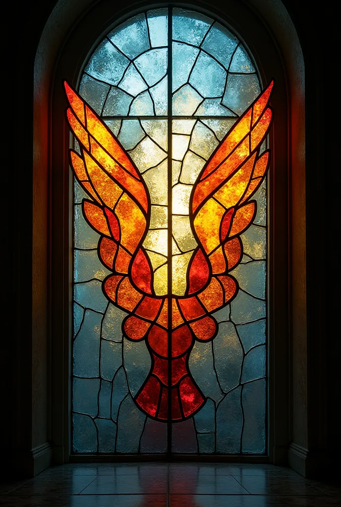 A stained-glass window, but broken and distorted — the cracks glowing with light, like the sound is breaking through. Maybe the shards form the shape of a crown or a pair of wings. But a little minimalist