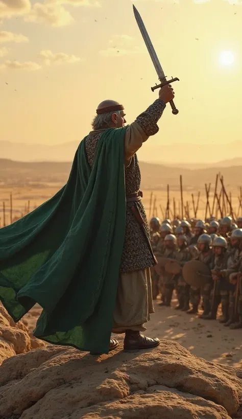 
"Tariq bin Ziyad stands firmly on a rocky shore, facing his army. His dark green cape flows in the wind as he raises his sword high, addressing his soldiers with a passionate expression. The warriors, wearing chainmail armor and helmets, stand in discipli...