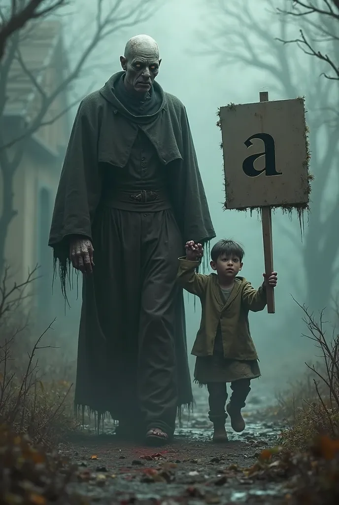 A zombie priest holding a young  by the hand. In his other hand, he is carrying a large sign with the words "a" 