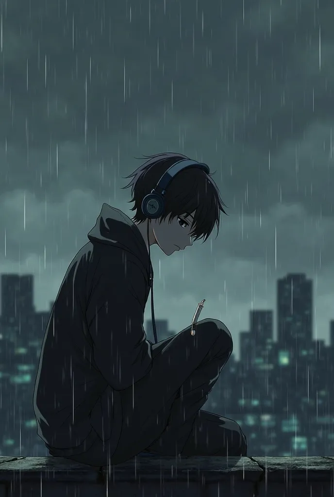 A sad 20 years old anime boy seating on a roof and smoking the weather is dark and rainy the boy had a headphone on his head he is waring a black jacket and a black pant his eyes colour is black