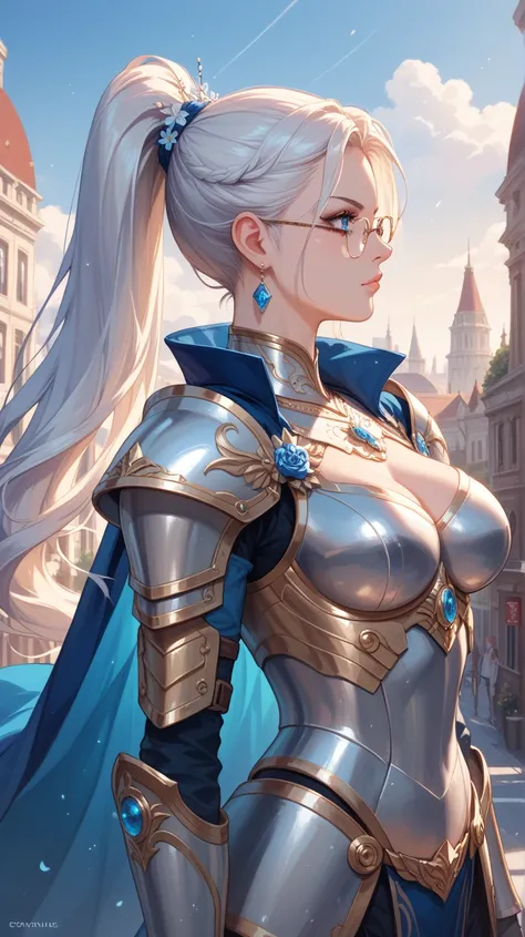 A digital illustration shoot from a profile camera angle about a fantasy character in ornate armor with blue accents, standing confidently in a city street. the image also shows a young woman with pale skin, long white hair tied in a high ponytail, and blu...