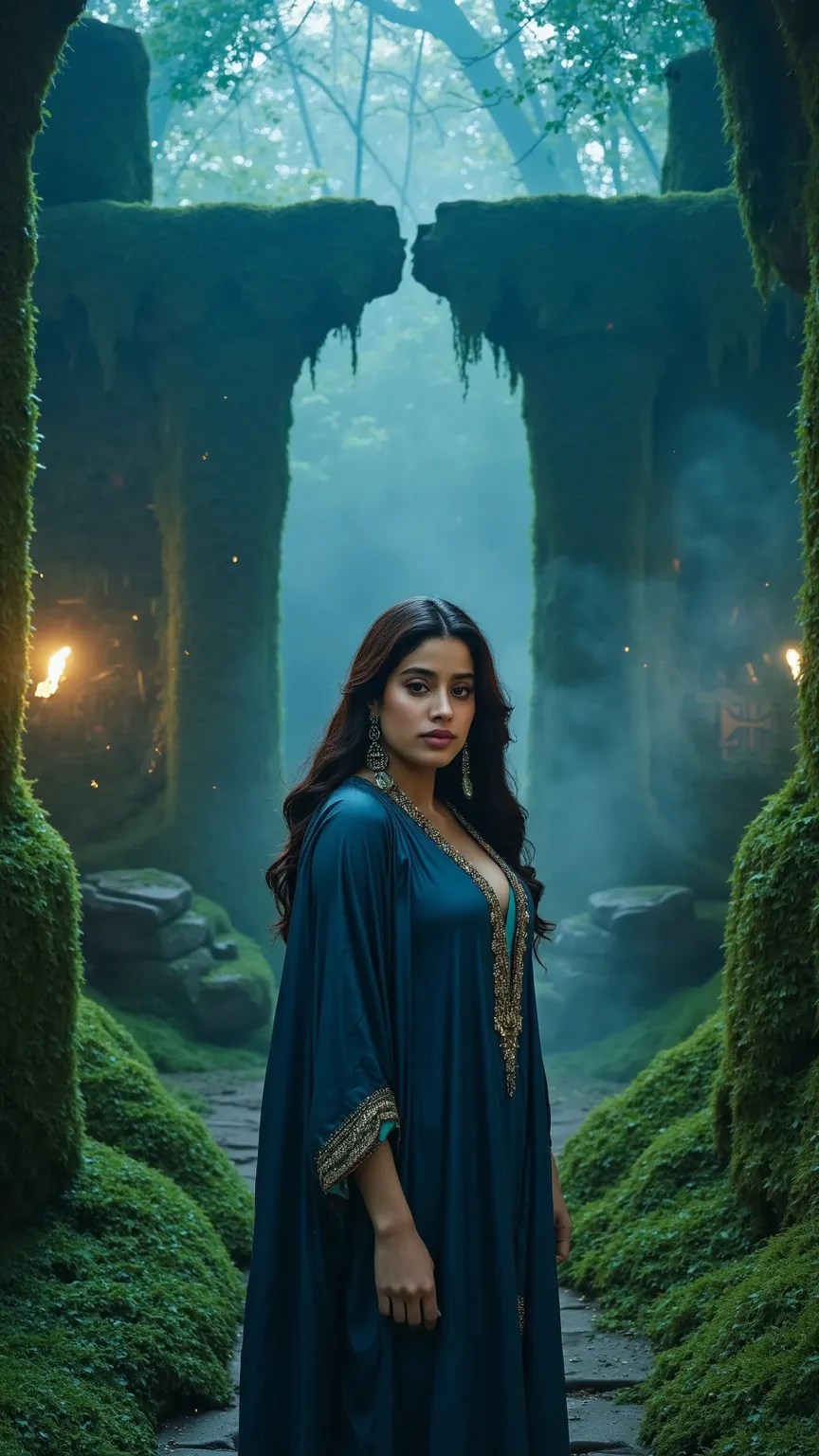 ultra-detailed, cinematic lighting, 1girl, busty, standing among overgrown ruins in a mystical forest, dressed in a deep sapphire robe, upper half body, moss-covered stones glowing faintly with ancient symbols, bioluminescent vines creeping over the walls,...