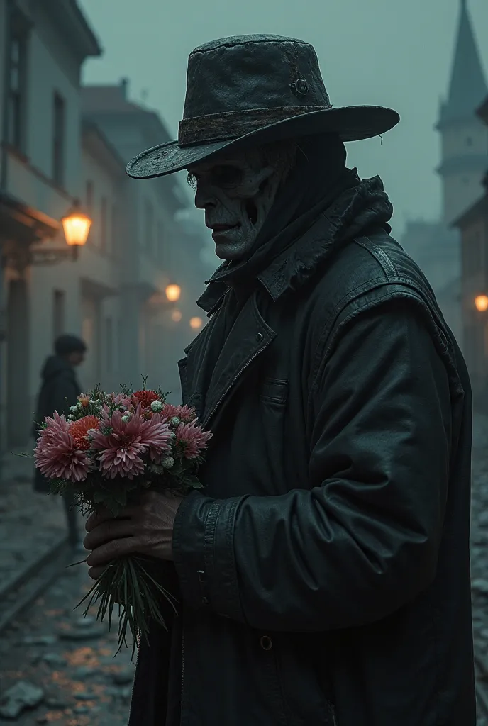 fonker scary gopnik in a hat skull stalker night with flowers in hand in the distance girl