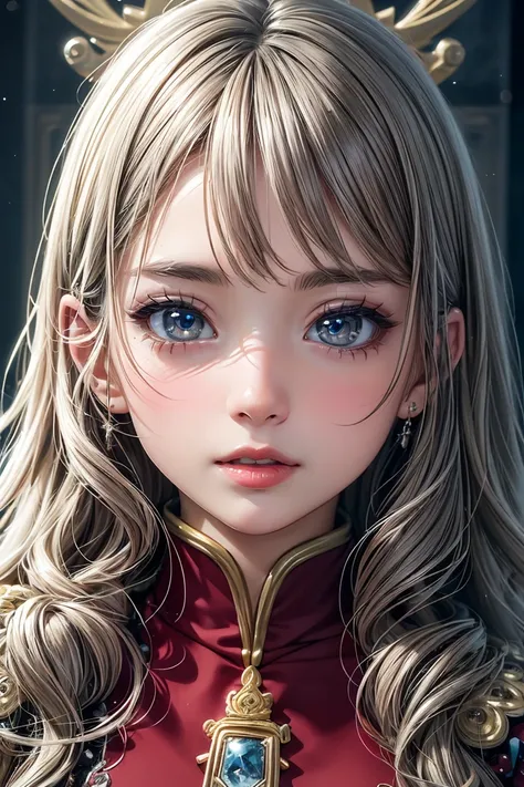 ((masterpiece)), ((best quality)), (ultra-detailed), ((kawaii)), cute, ((extremely detailed)), 4K, (8K), best quality, (beautiful), illustration, (face close up), sacred palace, throne room, a pretty woman, solo, queen, dress, beautiful gray hair, long hai...