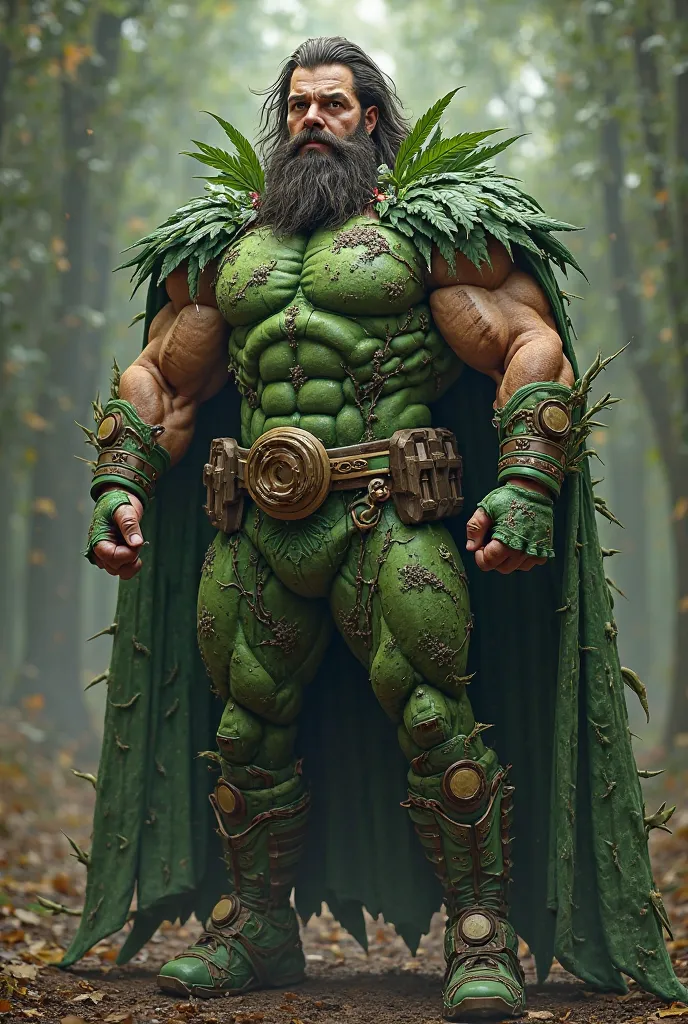 1. *Doncan  (Omar Quevedo)*: Green and brown suit with a pattern of leaves and branches, And a cape that looks like a marijuana leaf, fat, bearded superheroes with long hair 