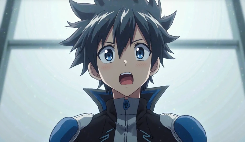 "A stylized anime-style character with spiky dark gray hair featuring white highlights. He has wide, surprised eyes and a slightly open mouth, giving an expression of shock or awe. He wears a futuristic black and blue jacket with a high, sharp collar and b...