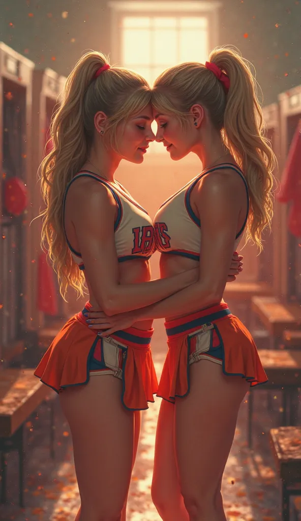 A group of cheerleaders , stands in the locker room , cuddle , micro skirt