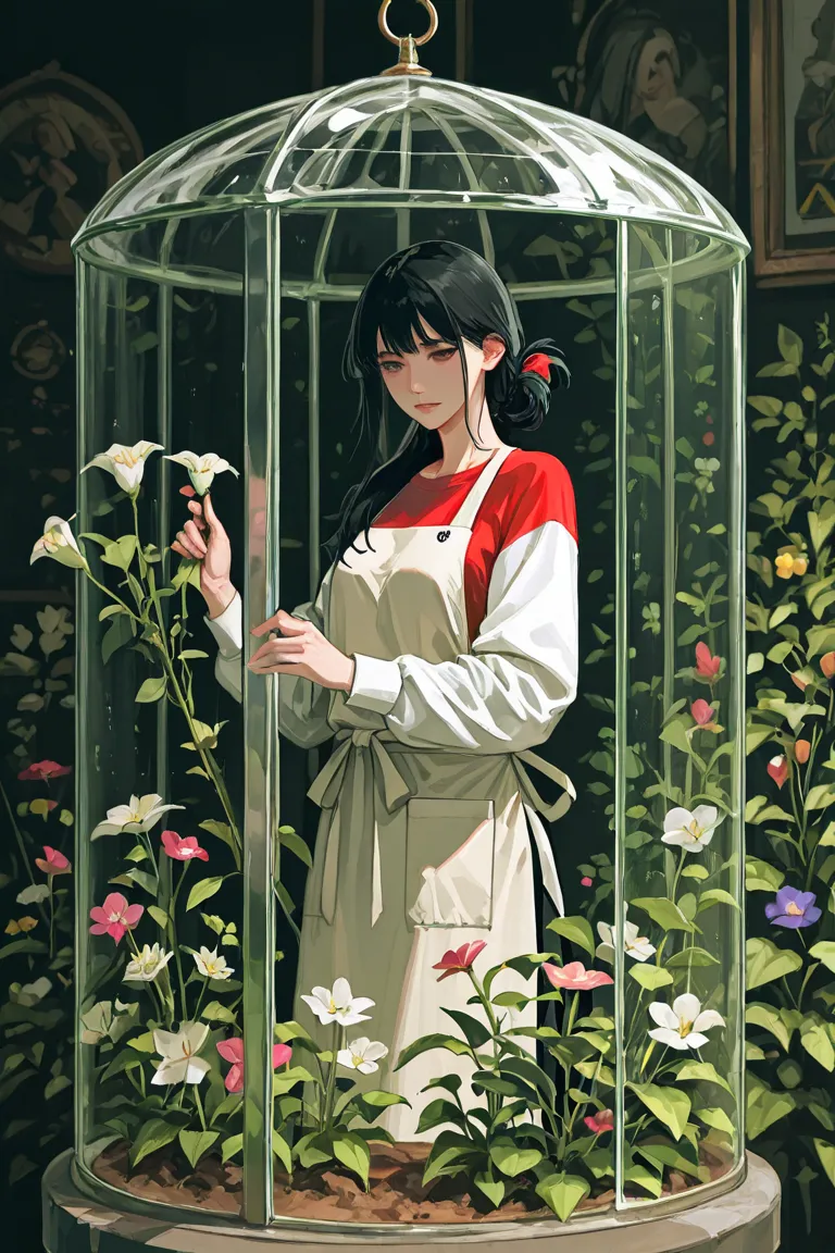 A man with long black hair tied to the left side of their shoulder, warning a white long sleeve shirt with an apron, standing in a glass house filled with flowers, watering an orchid flower, sketchy, dream aesthetic.