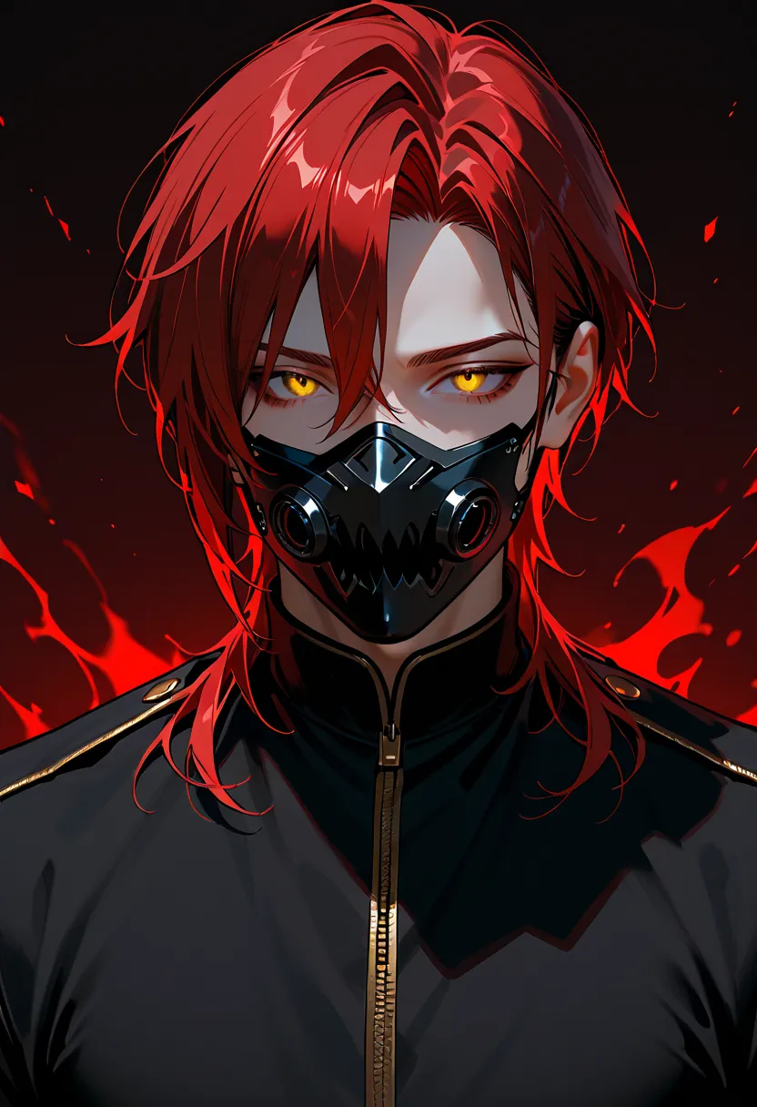 1 man with dark red hair, golden eyes, wearing a black mask over his mouth, dressed in black, with a dark red aura around him.