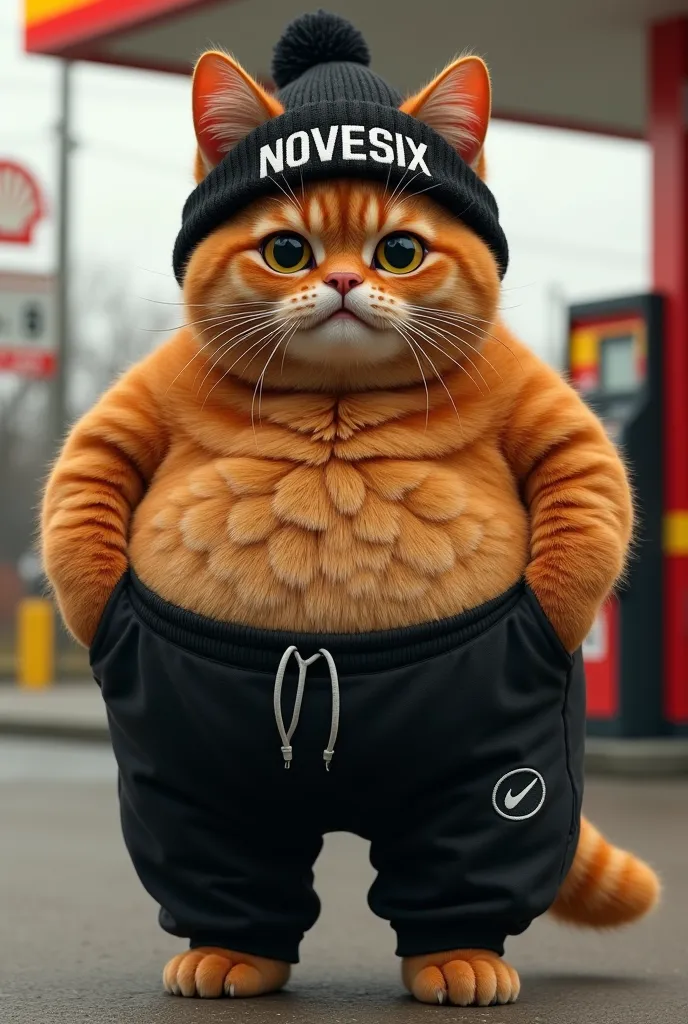 A fat orange cat wearing a black knitted hat with NOVESIX written on it and black Nike pants,Filling up at a Shell gas station . ultra realistic, ultra graphic, very detailed, 4k.