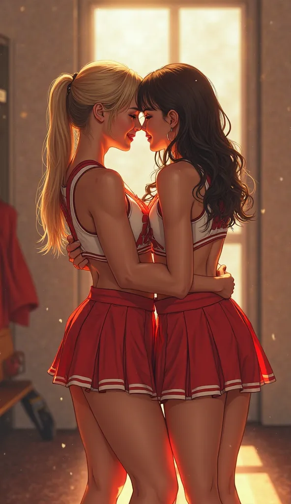 A group of cheerleaders , stands in the locker room , cuddle , micro skirt